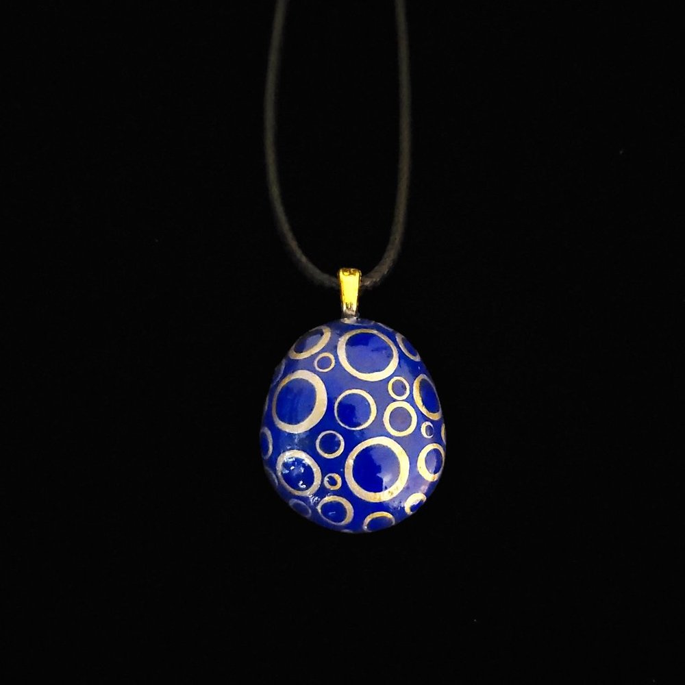 Hand Painted Dot Art Pendant, Cobalt and Gold